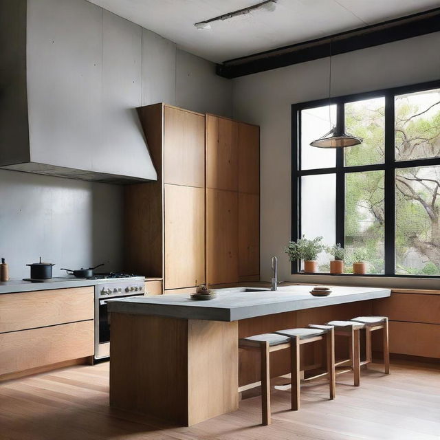 A high-end modern kitchen, combining vintage and contemporary elements, featuring plywood cupboards, a concrete benchtop, and in the center, a rustic timber island bench, resonating old-world charm.