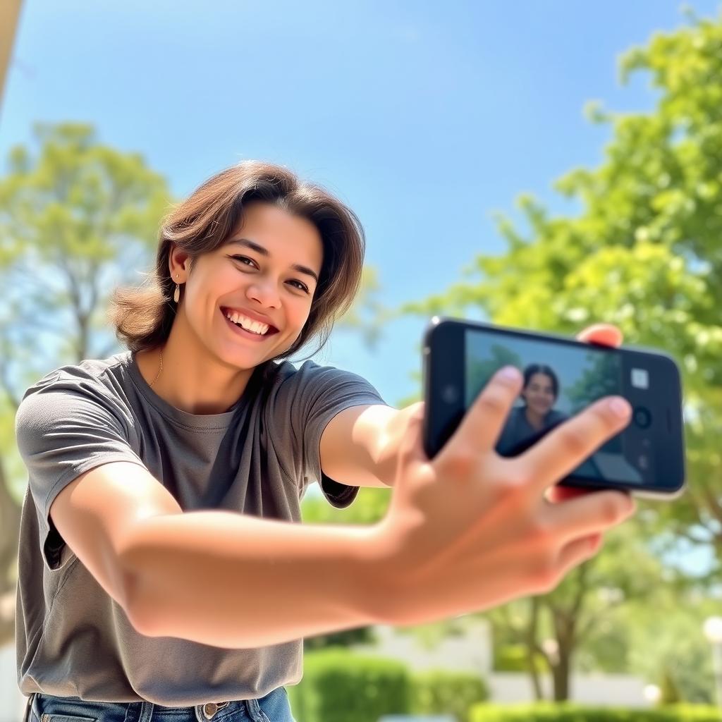 A casual selfie scene involving a person taking a photo of themselves with a happy smile
