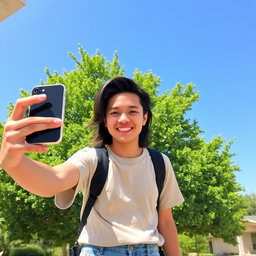 A casual selfie scene involving a person taking a photo of themselves with a happy smile