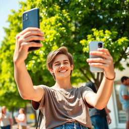 A casual selfie scene involving a person taking a photo of themselves with a happy smile