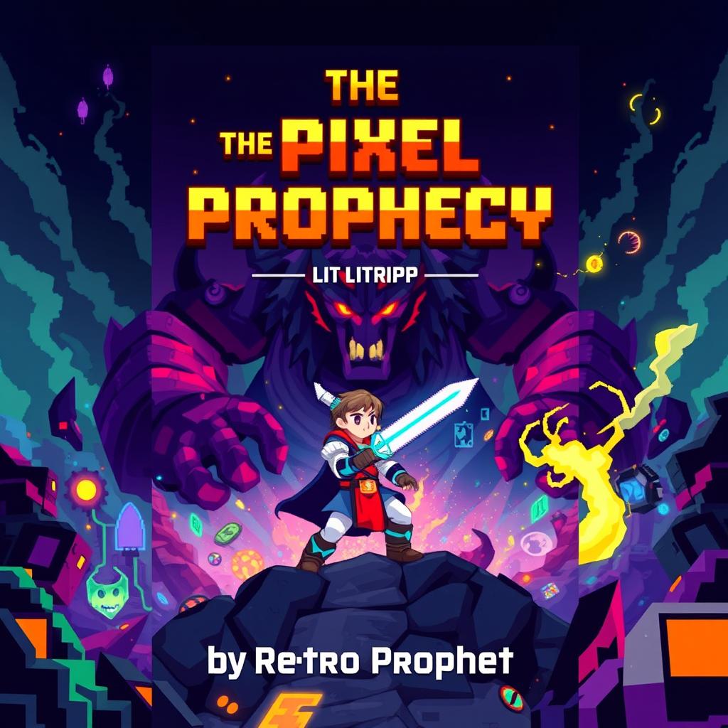 A vibrant and captivating book cover for 'The Pixel Prophecy' by Retro Prophet, showcasing a 16-bit hero character, pixelated in classic retro game style, boldly facing off against a massive, intimidating final boss