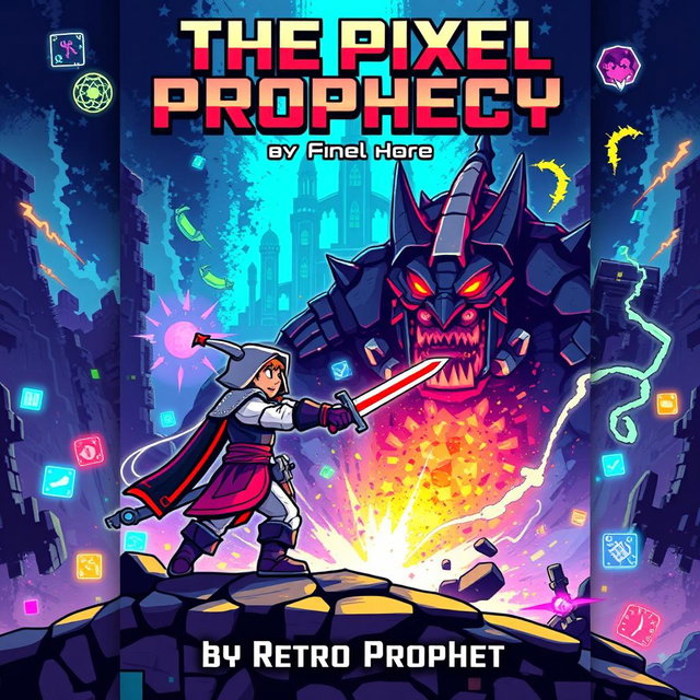 A vibrant and captivating book cover for 'The Pixel Prophecy' by Retro Prophet, showcasing a 16-bit hero character, pixelated in classic retro game style, boldly facing off against a massive, intimidating final boss