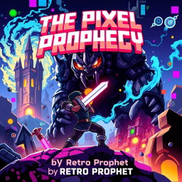 A vibrant and captivating book cover for 'The Pixel Prophecy' by Retro Prophet, showcasing a 16-bit hero character, pixelated in classic retro game style, boldly facing off against a massive, intimidating final boss