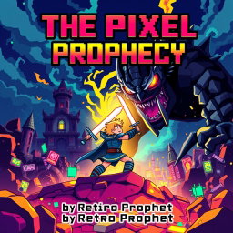 A vibrant and captivating book cover for 'The Pixel Prophecy' by Retro Prophet, showcasing a 16-bit hero character, pixelated in classic retro game style, boldly facing off against a massive, intimidating final boss