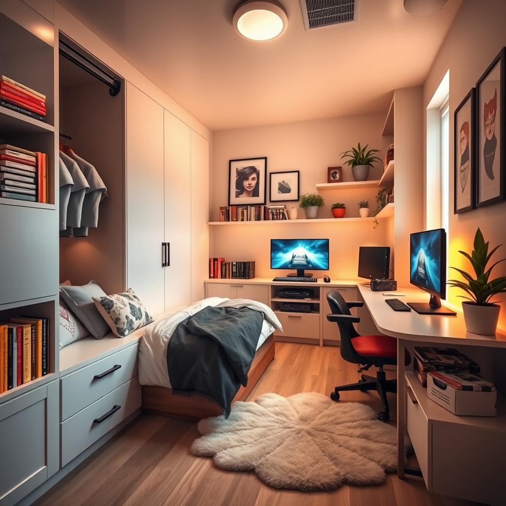 A compact and stylish mini room featuring a cozy bed with trendy bedding, a built-in closet that maximizes space, and bookshelves filled with an array of colorful books