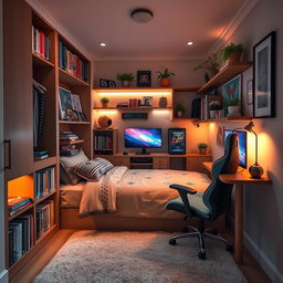 A compact and stylish mini room featuring a cozy bed with trendy bedding, a built-in closet that maximizes space, and bookshelves filled with an array of colorful books
