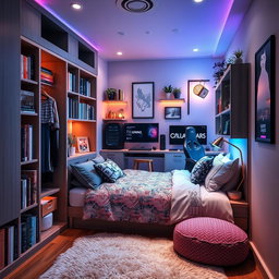 A compact and stylish mini room featuring a cozy bed with trendy bedding, a built-in closet that maximizes space, and bookshelves filled with an array of colorful books