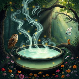 An artistic representation of a creative scene depicting a large cauldron filled with steaming hot water, surrounded by an enchanted forest
