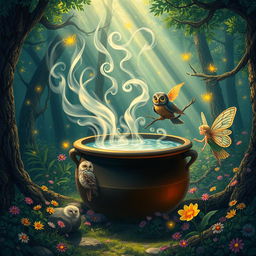An artistic representation of a creative scene depicting a large cauldron filled with steaming hot water, surrounded by an enchanted forest