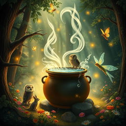 An artistic representation of a creative scene depicting a large cauldron filled with steaming hot water, surrounded by an enchanted forest