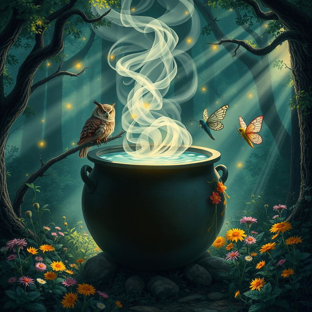 An artistic representation of a creative scene depicting a large cauldron filled with steaming hot water, surrounded by an enchanted forest