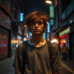 A teenager wandering down a vibrant city street at night, illuminated by neon lights