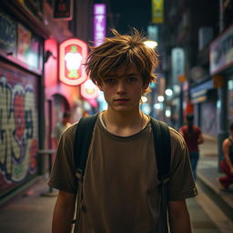 A teenager wandering down a vibrant city street at night, illuminated by neon lights