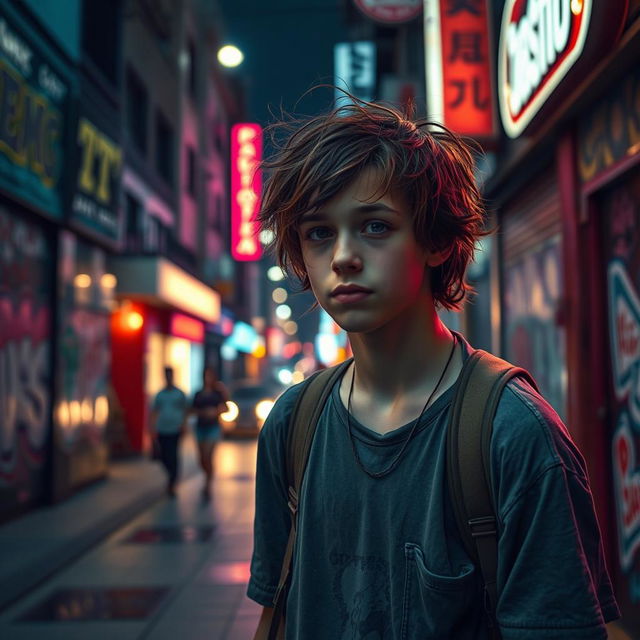 A teenager wandering down a vibrant city street at night, illuminated by neon lights
