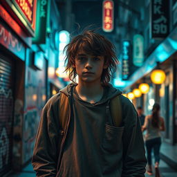 A teenager wandering down a vibrant city street at night, illuminated by neon lights