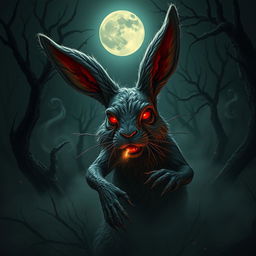A horror-themed rabbit creature lurking in a dark, eerie forest