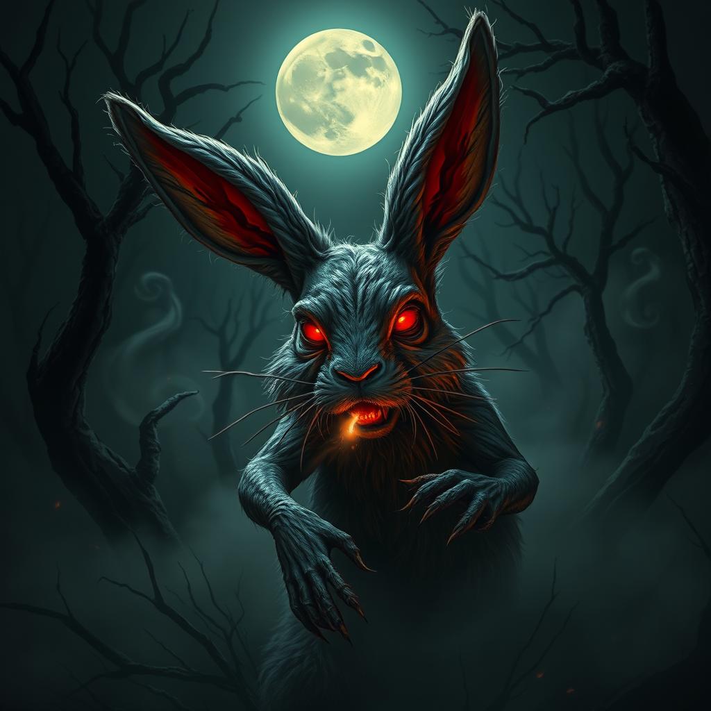 A horror-themed rabbit creature lurking in a dark, eerie forest