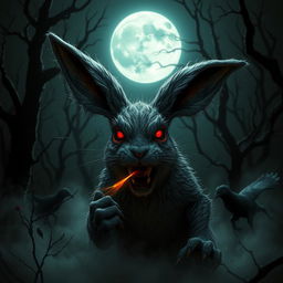 A horror-themed rabbit creature lurking in a dark, eerie forest