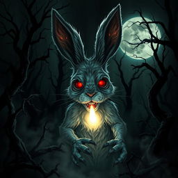 A horror-themed rabbit creature lurking in a dark, eerie forest