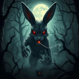 A horror-themed rabbit creature lurking in a dark, eerie forest
