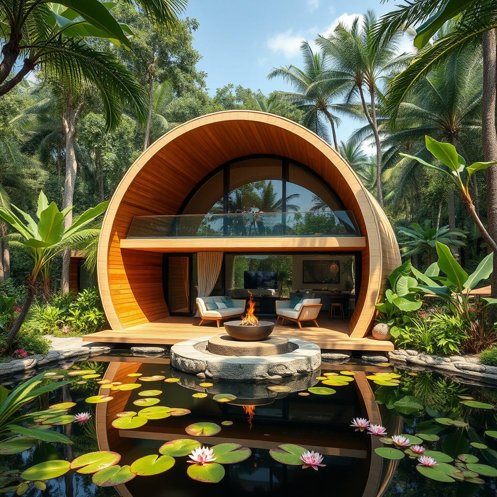 A beautifully designed cabin inspired by the shape of a cocoon, nestled in a lush jungle setting