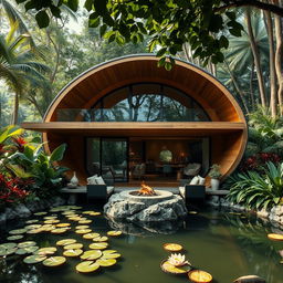 A beautifully designed cabin inspired by the shape of a cocoon, nestled in a lush jungle setting