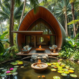 A beautifully designed cabin inspired by the shape of a cocoon, nestled in a lush jungle setting