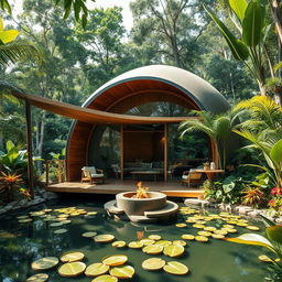 A beautifully designed cabin inspired by the shape of a cocoon, nestled in a lush jungle setting