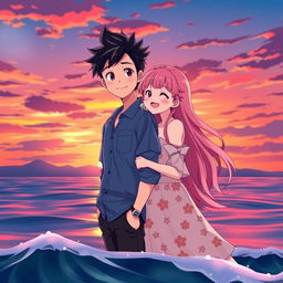 An anime scene featuring a romantic boy and girl standing together against a breathtaking sunset backdrop