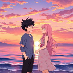 An anime scene featuring a romantic boy and girl standing together against a breathtaking sunset backdrop