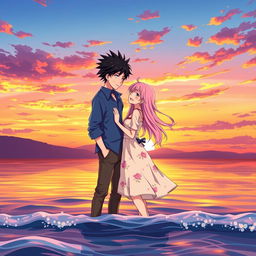 An anime scene featuring a romantic boy and girl standing together against a breathtaking sunset backdrop