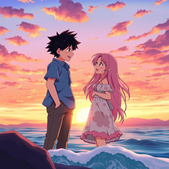 An anime scene featuring a romantic boy and girl standing together against a breathtaking sunset backdrop