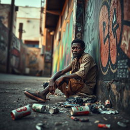 A striking street scene depicting an urban environment with a lone individual sitting against a graffiti-covered wall
