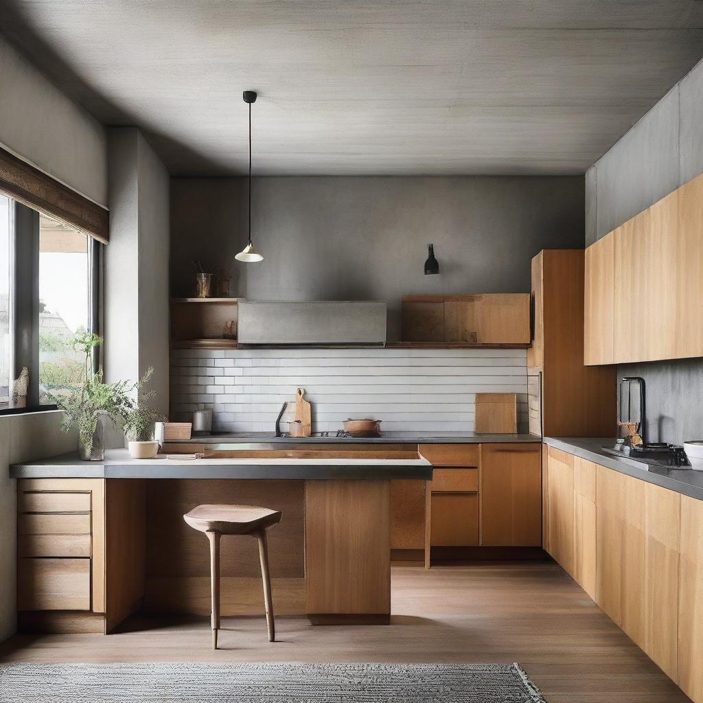 A high-end modern kitchen, combining vintage and contemporary elements, featuring plywood cupboards, a concrete benchtop, and in the center, a rustic timber island bench, resonating old-world charm.