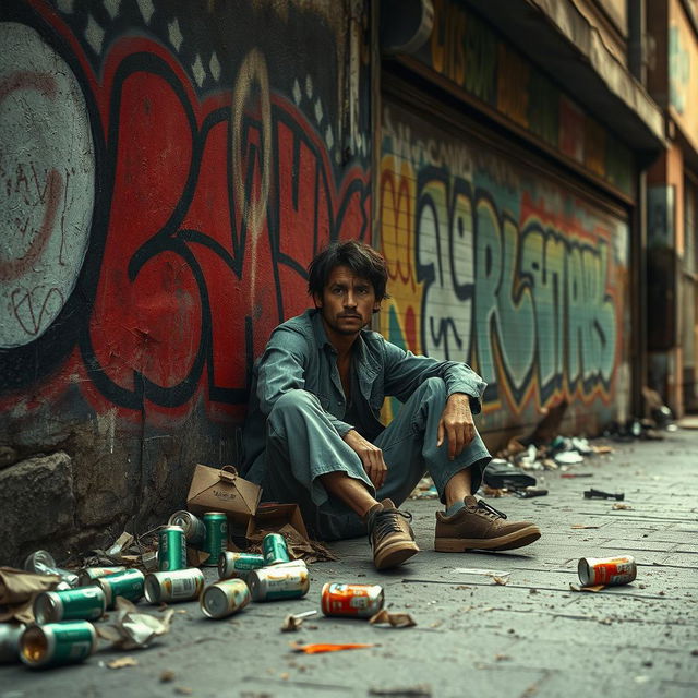 A striking street scene depicting an urban environment with a lone individual sitting against a graffiti-covered wall