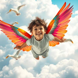 A realistic photo of a child with large, colorful wings soaring joyfully in a vibrant, dreamy kingdom of clouds