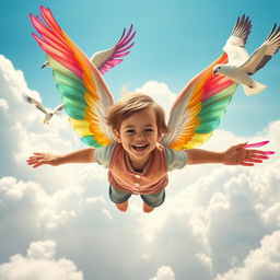 A realistic photo of a child with large, colorful wings soaring joyfully in a vibrant, dreamy kingdom of clouds
