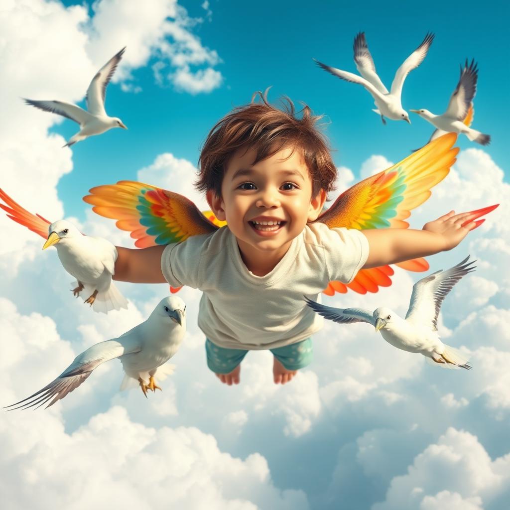 A realistic photo of a child with large, colorful wings soaring joyfully in a vibrant, dreamy kingdom of clouds