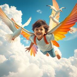 A realistic photo of a child with large, colorful wings soaring joyfully in a vibrant, dreamy kingdom of clouds