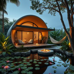 A beautifully designed cabin inspired by a cocoon, situated in a serene jungle setting ideal for a holiday retreat