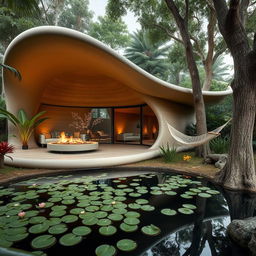 A beautifully designed cabin inspired by a cocoon, situated in a serene jungle setting ideal for a holiday retreat