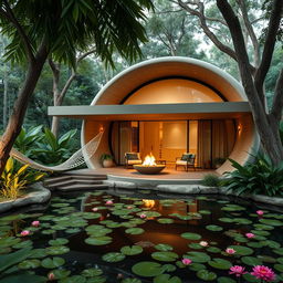 A beautifully designed cabin inspired by a cocoon, situated in a serene jungle setting ideal for a holiday retreat