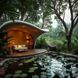 A beautifully designed cabin inspired by a cocoon, situated in a serene jungle setting ideal for a holiday retreat