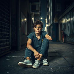 A poignant portrayal of a young person struggling with addiction, set in a dimly lit urban environment