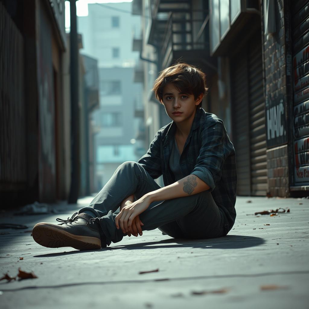 A poignant portrayal of a young person struggling with addiction, set in a dimly lit urban environment