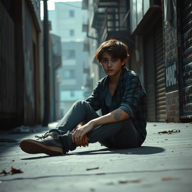 A poignant portrayal of a young person struggling with addiction, set in a dimly lit urban environment