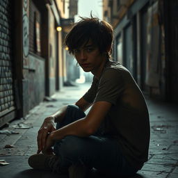 A poignant portrayal of a young person struggling with addiction, set in a dimly lit urban environment