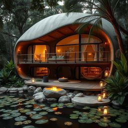 A tranquil holiday cabin inspired by the design of a cocoon, nestled in a peaceful jungle setting, featuring organic shapes and natural materials