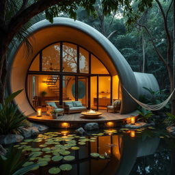 A tranquil holiday cabin inspired by the design of a cocoon, nestled in a peaceful jungle setting, featuring organic shapes and natural materials