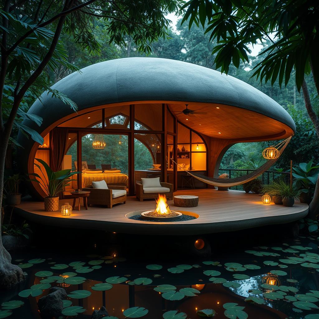 A tranquil holiday cabin inspired by the design of a cocoon, nestled in a peaceful jungle setting, featuring organic shapes and natural materials